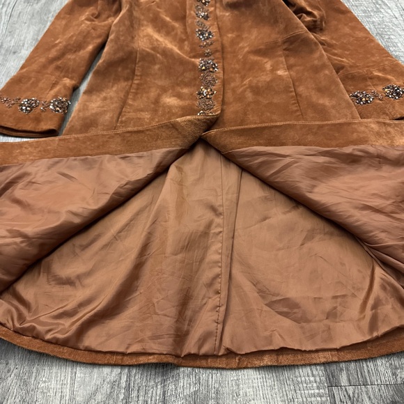 Hot in Hollywood Suede Leather Beaded Floral Embellished Long Jacket - Picture 8 of 11